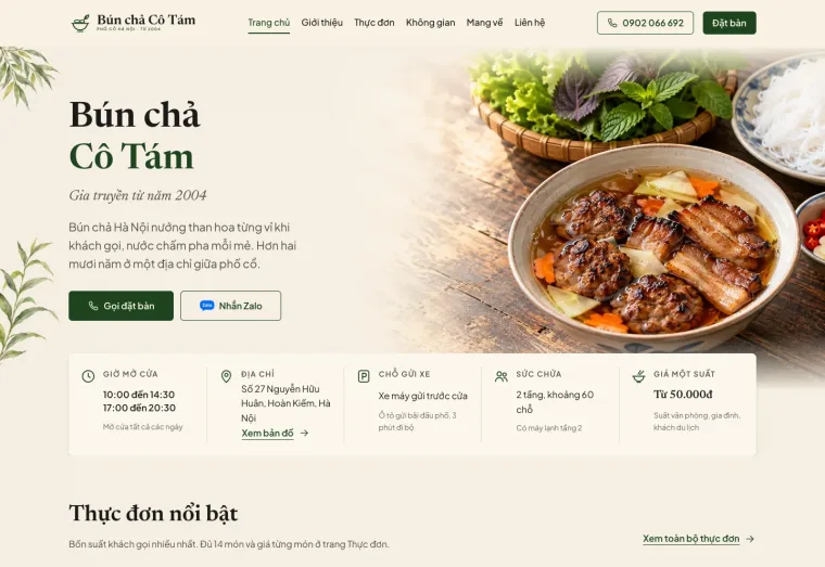 Ảnh chụp mẫu website Bún chả Cô Tám, ngành ăn uống
