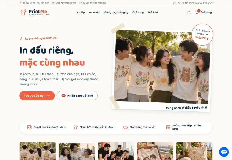 Ảnh chụp mẫu website PrintMe, xưởng in áo theo yêu cầu, ngành bán hàng trực tuyến