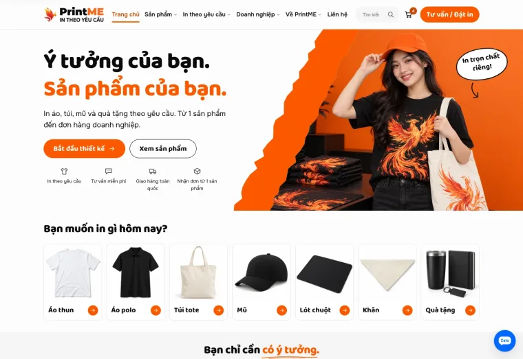 Ảnh chụp mẫu website PrintME, in áo, túi, mũ theo yêu cầu, ngành bán hàng trực tuyến