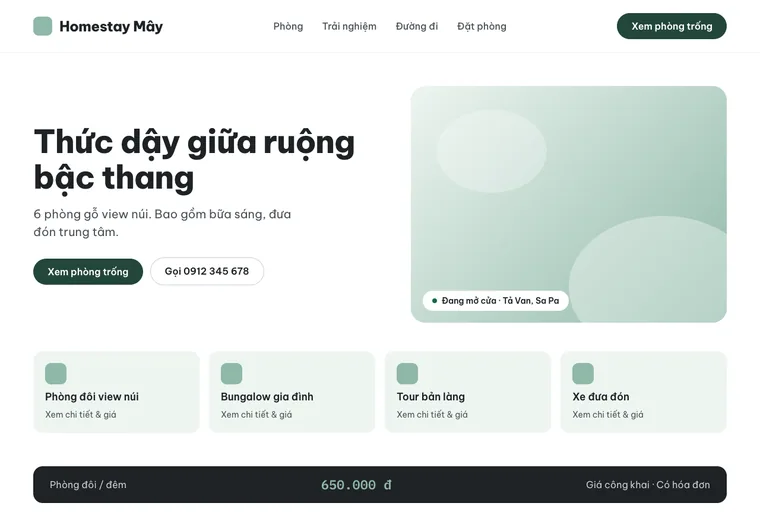 Ảnh chụp mẫu website Homestay Mây Sa Pa, ngành lưu trú