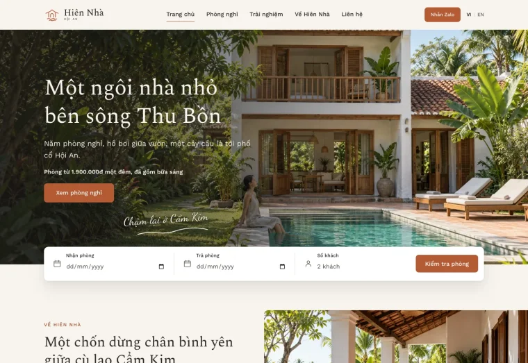 Ảnh chụp mẫu website Hiên Nhà Hội An, ngành lưu trú