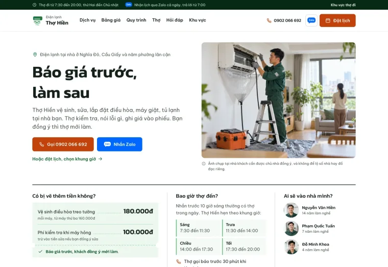 Ảnh chụp mẫu website Điện lạnh Thợ Hiền, ngành dịch vụ tại nhà