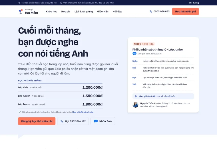 Ảnh chụp mẫu website Anh ngữ Hạt Mầm, ngành giáo dục